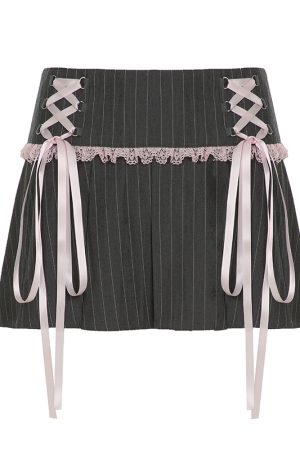 French-Style Striped A-Line Pleated Skirt with Lace Splicing - Low-Waist Short Summer Skirt for Girls
