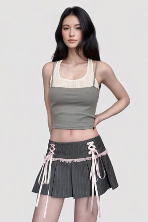 French-Style Striped A-Line Pleated Skirt with Lace Splicing - Low-Waist Short Summer Skirt for Girls