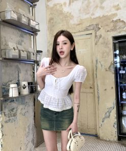 French-Style Sweet Ruffled Doll Short-Sleeve Shirt with Puff Sleeves for Women - Vintage-Inspired Fashion Top