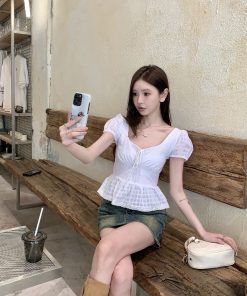 French-Style Sweet Ruffled Doll Short-Sleeve Shirt with Puff Sleeves for Women - Vintage-Inspired Fashion Top