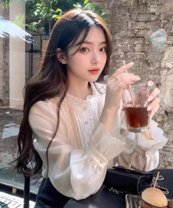 French Style Sweet White Lace Collar Long Sleeve Shirt for Women - Vintage-Inspired Youthful Blouse, Autumn Fashion