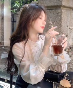 French Style Sweet White Lace Collar Long Sleeve Shirt for Women - Vintage-Inspired Youthful Blouse, Autumn Fashion