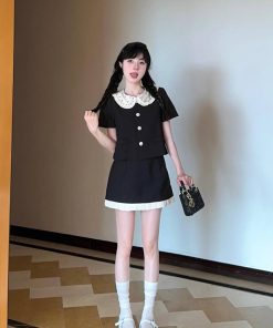 French-Style Two-Piece Dress Set for Women, Doll Collar Short Sleeve Top & Half-Length Skirt, Summer Fashion 90s Vintage Look