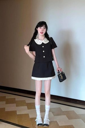 French-Style Two-Piece Dress Set for Women, Doll Collar Short Sleeve Top & Half-Length Skirt, Summer Fashion 90s Vintage Look