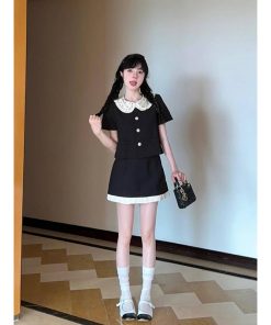 French-Style Two-Piece Dress Set for Women, Doll Collar Short Sleeve Top & Half-Length Skirt, Summer Fashion 90s Vintage Look