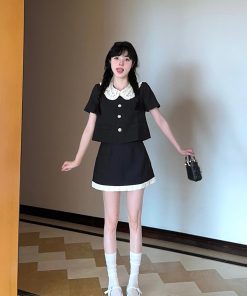 French-Style Two-Piece Dress Set for Women, Doll Collar Short Sleeve Top & Half-Length Skirt, Summer Fashion 90s Vintage Look