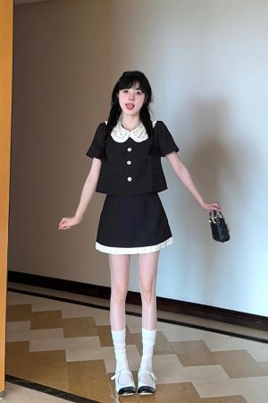 French-Style Two-Piece Dress Set for Women, Doll Collar Short Sleeve Top & Half-Length Skirt, Summer Fashion 90s Vintage Look