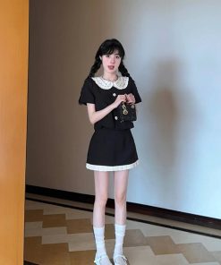 French-Style Two-Piece Dress Set for Women, Doll Collar Short Sleeve Top & Half-Length Skirt, Summer Fashion 90s Vintage Look