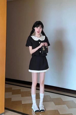 French-Style Two-Piece Dress Set for Women, Doll Collar Short Sleeve Top & Half-Length Skirt, Summer Fashion 90s Vintage Look