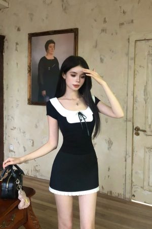 French-Style Two-Piece Dress Set for Women, Spliced Short Sleeve Top & Skirt, High-End Summer Fashion