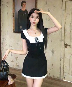 French-Style Two-Piece Dress Set for Women, Spliced Short Sleeve Top & Skirt, High-End Summer Fashion