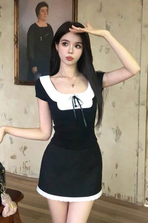 French-Style Two-Piece Dress Set for Women, Spliced Short Sleeve Top & Skirt, High-End Summer Fashion