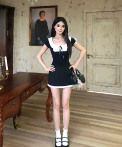 French-Style Two-Piece Dress Set for Women, Spliced Short Sleeve Top & Skirt, High-End Summer Fashion