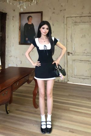 French-Style Two-Piece Dress Set for Women, Spliced Short Sleeve Top & Skirt, High-End Summer Fashion