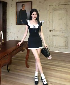 French-Style Two-Piece Dress Set for Women, Spliced Short Sleeve Top & Skirt, High-End Summer Fashion