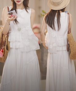 French Style Two-Piece Set 2025 Summer Fashion - Beautiful Petal Top with High Waist Skirt, Chic and Trendy Outfit