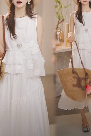 French Style Two-Piece Set 2025 Summer Fashion - Beautiful Petal Top with High Waist Skirt, Chic and Trendy Outfit