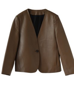 French Style V-Neck Leather Jacket - Australian Imported Lambskin One-Button Coat for Effortless Chic Fashion