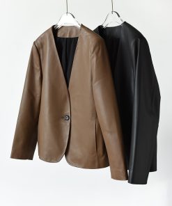 French Style V-Neck Leather Jacket - Australian Imported Lambskin One-Button Coat for Effortless Chic Fashion
