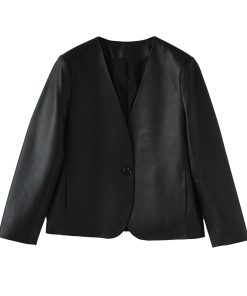 French Style V-Neck Leather Jacket - Australian Imported Lambskin One-Button Coat for Effortless Chic Fashion