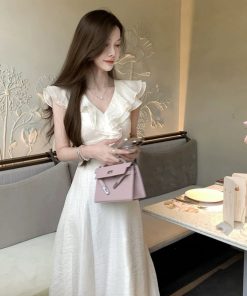 French-Style V-Neck Ruffled White Dress for Women with Fitted Waist and Elegant Long Skirt â€“ Perfect Summer Fashion