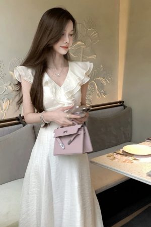 French-Style V-Neck Ruffled White Dress for Women with Fitted Waist and Elegant Long Skirt â€“ Perfect Summer Fashion