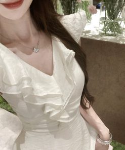 French-Style V-Neck Ruffled White Dress for Women with Fitted Waist and Elegant Long Skirt – Perfect Summer Fashion