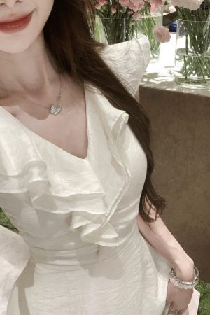 French-Style V-Neck Ruffled White Dress for Women with Fitted Waist and Elegant Long Skirt â€“ Perfect Summer Fashion