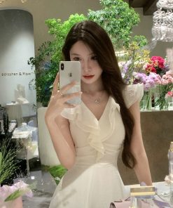 French-Style V-Neck Ruffled White Dress for Women with Fitted Waist and Elegant Long Skirt – Perfect Summer Fashion