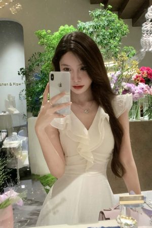 French-Style V-Neck Ruffled White Dress for Women with Fitted Waist and Elegant Long Skirt â€“ Perfect Summer Fashion