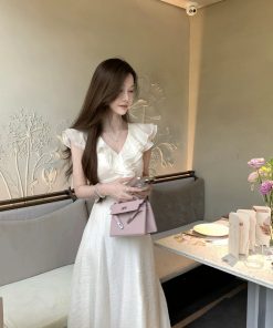 French-Style V-Neck Ruffled White Dress for Women with Fitted Waist and Elegant Long Skirt â€“ Perfect Summer Fashion
