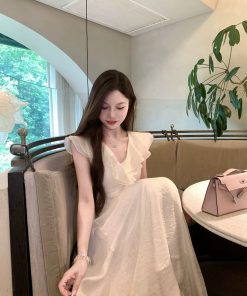 French-Style V-Neck Ruffled White Dress for Women with Fitted Waist and Elegant Long Skirt – Perfect Summer Fashion