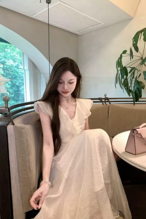 French-Style V-Neck Ruffled White Dress for Women with Fitted Waist and Elegant Long Skirt â€“ Perfect Summer Fashion
