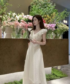 French-Style V-Neck Ruffled White Dress for Women with Fitted Waist and Elegant Long Skirt – Perfect Summer Fashion
