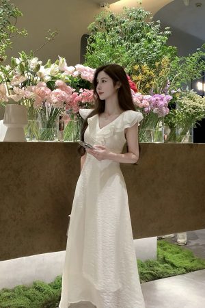 French-Style V-Neck Ruffled White Dress for Women with Fitted Waist and Elegant Long Skirt â€“ Perfect Summer Fashion