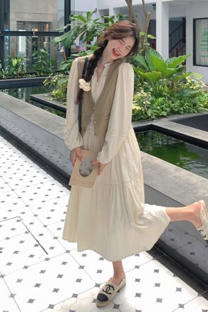 French-Style Vintage Vest Long Skirt Two-Piece Dress Set for Women - 2025 Spring Autumn Fashion, Age-Reducing Look
