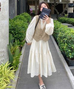 French-Style Vintage Vest Long Skirt Two-Piece Dress Set for Women - 2025 Spring Autumn Fashion, Age-Reducing Look