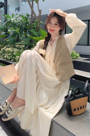French-Style Vintage Vest Long Skirt Two-Piece Dress Set for Women - 2025 Spring Autumn Fashion, Age-Reducing Look