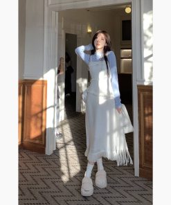 French Style Waist-Cinching Spaghetti Strap Dress for Women - Elegant Long Dress with Fragrant Wind Tassel for Spring and Autumn