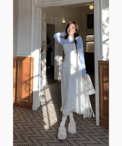 French Style Waist-Cinching Spaghetti Strap Dress for Women - Elegant Long Dress with Fragrant Wind Tassel for Spring and Autumn