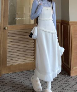 French Style Waist-Cinching Spaghetti Strap Dress for Women - Elegant Long Dress with Fragrant Wind Tassel for Spring and Autumn