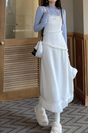 French Style Waist-Cinching Spaghetti Strap Dress for Women - Elegant Long Dress with Fragrant Wind Tassel for Spring and Autumn