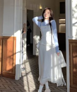 French Style Waist-Cinching Spaghetti Strap Dress for Women - Elegant Long Dress with Fragrant Wind Tassel for Spring and Autumn