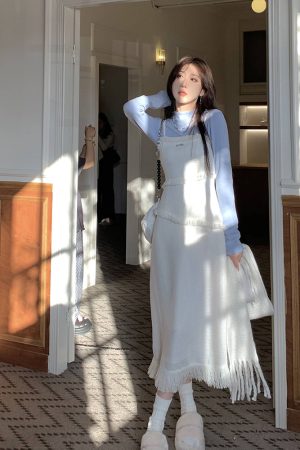 French Style Waist-Cinching Spaghetti Strap Dress for Women - Elegant Long Dress with Fragrant Wind Tassel for Spring and Autumn