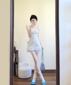 French-Style White Dress for Women with Ruffled Lace Splicing, Sweet Vacation Look, Perfect for Summer Outings