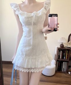 French-Style White Dress for Women with Ruffled Lace Splicing, Sweet Vacation Look, Perfect for Summer Outings