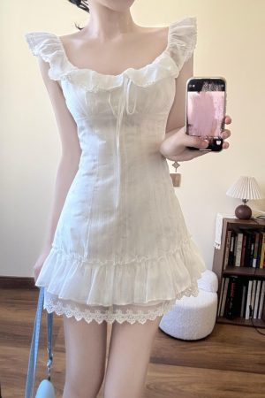 French-Style White Dress for Women with Ruffled Lace Splicing, Sweet Vacation Look, Perfect for Summer Outings