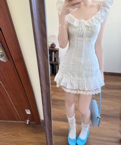 French-Style White Dress for Women with Ruffled Lace Splicing, Sweet Vacation Look, Perfect for Summer Outings
