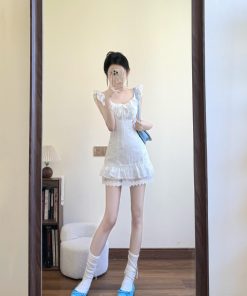 French-Style White Dress for Women with Ruffled Lace Splicing, Sweet Vacation Look, Perfect for Summer Outings