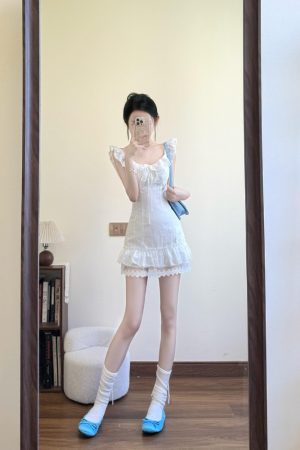 French-Style White Dress for Women with Ruffled Lace Splicing, Sweet Vacation Look, Perfect for Summer Outings